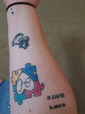 A collage of the semi colon, my friday the 13th black cat, my autism awareness for my nephew, and coordinates to my hometown