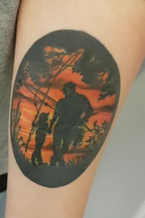 Daughter and father tattoo , fishing in sunset tattoo 