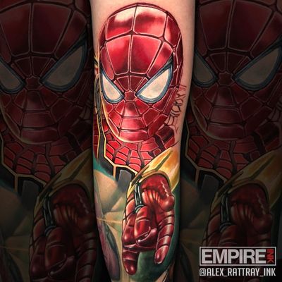 I did this portrait of #IronSpider on the back of knee over 2 days this week. So excited for #InfinityWar tonight. #marvel #MarvelTattoo #mcu #AvengersTattoo 
