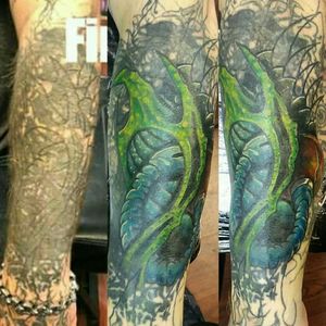 This is my arm, 25 years ago i learned to tattoo by practicing on myself, finally covering up the whole sleeve. This is being done by my co-workers Richard Dubose and Kevin Lee, #CoverUpTattoos #biomech #Bioorganic #biomechanical #biomechanicaltattoo #coveruptattoo #coverup 