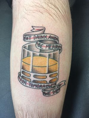 "Eat, drink, and be merry for tomorrow we die." -Kurt Vonnegut #vonnegut #literature #scotch #alcohol #calf #booktattoo #quotetattoo #quotes #books #traditionaltattoos #ribbontattoo 