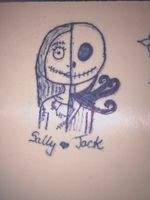 Half jack skeleton and half sally ragdoll Inspiration: the nightmare before Christmas  Navy blue ink used Fake skin used