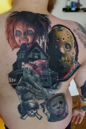 Horror backpiece continuation. #horror #jason #chucky #realism #realistictattoo #tattoo #tattooart #portrait 
