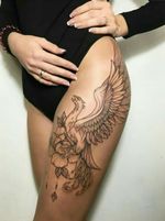 Credit to instagram : @inkgrams #Black #leg #legtattoo #fantasytattoo #flowertattoo #wings #wingstattoo 
