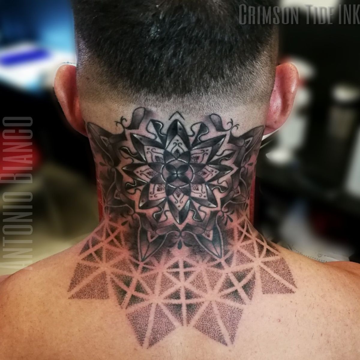 Tattoo Uploaded By Crimson Tales London Headtattoo Necktattoos Necktattoo Mandalatattoo Mandala Dotworktattoo Dotwork Geometrictattoo Tattoodo