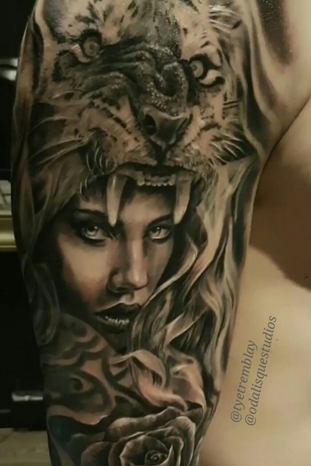 ARTTDOME on Instagram Let your true spirit shine through with this  incredible tattoo concept of a woman wearing a tiger headdress in a  realistic charcoal style