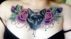 Beautiful chest piece of cat w/ roses. 