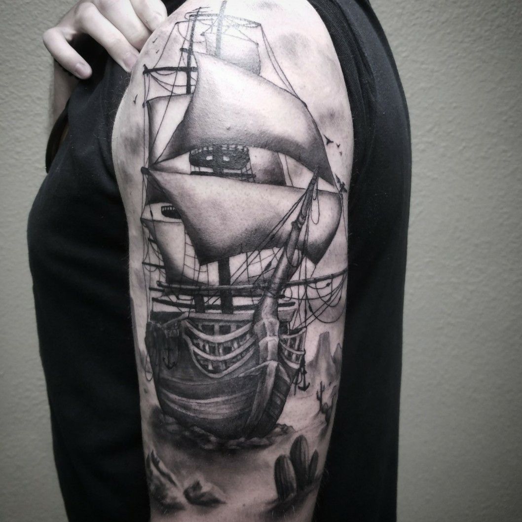 prompthunt a pirate ship sailing in the sea realism tattoo design  amazing shades clean white paper background by Matteo Pasqualin tattoo  artist