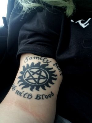 "Family don't end with blood" quote from my favorite show along with an antipossesion symbol also from the show.