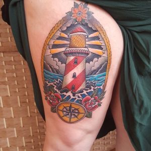 Lighthouse thigh tattoo. #traditionaltattoo #thighpiece #lighthousetattoo #colourful #colourtattoo #traditionalwork #thightattoo