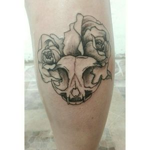 Tattoo de una calavera de gato con unas rosas