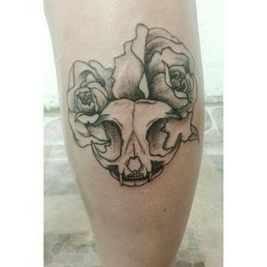 Tattoo de una calavera de gato con unas rosas 