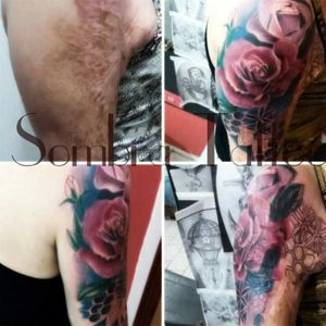 #cobertura com rosas ,em cima de queimaduras # segue as fotos Sombra Tattoo Borborema SP