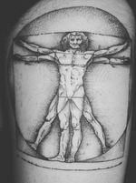 Vitruvian man on the thigh. Done by John Cacic #DaVinciTattoo #vitruvianman #blackwork #linework #thightattoo 