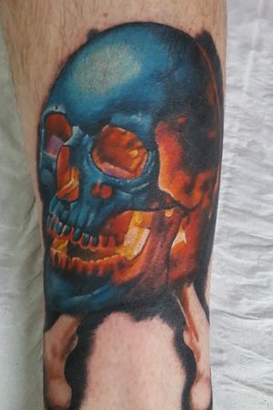 IG-patchmcfarlane  Pirate skull  start of leg sleeve. #realistictattoo #tattoo #tattooart #portrait #realism #realistictattoo #tattoo #tattooart #portrait #skull #skulltattoo 