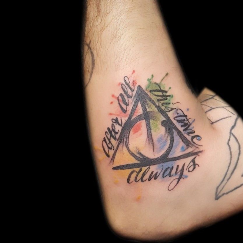 Saul Gutierrez  Harry Potter Watercolor Tattoo  Deathly Hallows symbol  with a Dementor and Patronus   Harry Potter Fan aliveformusic Done  whitebuffalogallery  whitebuffalogallery watercolortattoos harrypotter  colorsplashtattoo 