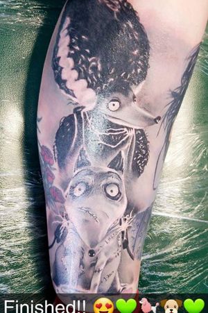 Frankenweenie and bride tattoo. Artist Bruce Joy Jr. Of Solid Ground Tattoo in Oklahoma.