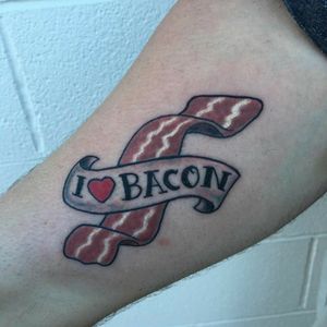 Traditional style tattoo tribute to bacon.Would like mine a bit brighter colored, with the banner saying "Death before Kale"