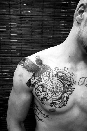 Chest tattoo designed and inKed by K #tattoo #ink #tatttoos #raven #compasstattoo #clock #filigree #chesttattoo #blackandgreytattoo #worldfamousink #eikondevice #greenmonster #tattooaddictsouthafrica #gunwax #thelightningstation #tam #tattoodo #inkbe