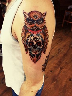 Traditional owl/Mexican skull 💀 done by Zsolta Èles (Dock Tattoo Hungary) 