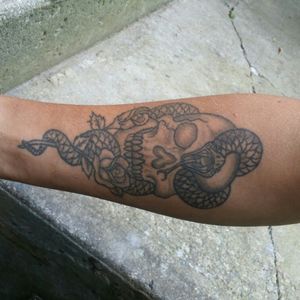 First tattoo#skull #snake #rose #blackandgrey 