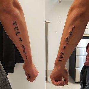 Matching tattoos representing the journey from Montreal to western Canada
