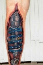 Calf tattoo. Instead of springs, double DNA helix in rainbow colors. 
