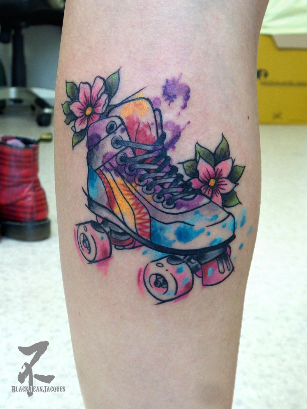 Neck Deep Tattoo  Heart with Roller skates and Rose calf tattoo done  for a roller derby girl from Pacific Roller Deby by Mike  instagramcomtattoohandsome Wanna tattoo whacha want Mike can create