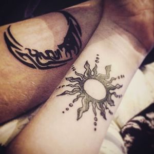My first tattoo, my partner has the sun and I have the moon