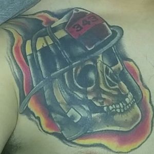 9/11 tribute firefighter skull with 343 shield on fire helmet