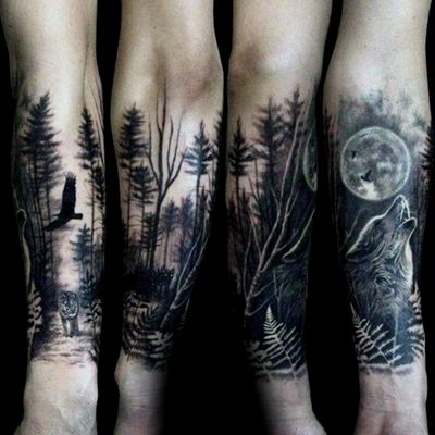 #forest #foresttattoo #wolf #wolves #wolftattoo #moon #trees #blackandgreytattoo #dark 