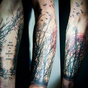 One of my favourite quotes from the poem 'Stopping by Woods on a Snowy Evening' "And miles to go before I sleep" It shows that sometimes on our journey we can become stuck and lose hope, but we tell ourselves we're not done yet....we've still got our journey ahead. #forest #foresttattoo #trees #dark #milestogo 