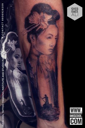 Japanese girl tattoo made on client in India by Syed Hamza Ali at INKSCOOL Tattoos Pune, India. #girltattoos #japanesetattoo #chinesetattoo #geishatattoo #orientalart #blackandgreytattoo #realism #doubleexposuretattoo #forearmtattoos #fullhalfsleeve #portraittattoo 