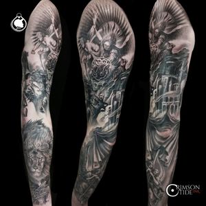 Black and grey realistic sleeve by @crimsontideink Igor Sto #fullarm #fullsleeve #fullsleevetattoo #sleeve #blackandgreytattoo #blackandgrey #realism #lion #liontattoo 