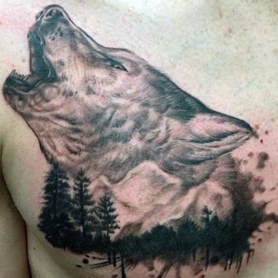 Татуировки мужские на грудине волк воющий на луну