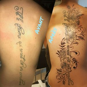 complicated cover of a tattoo not aligned on the column #CoverUpTattoos #coveruptattoo #coverup #sentencetattoo #sentence #flowers #flower 