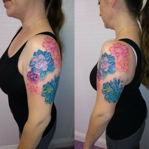 Painterly watercolor succulents arm tattoo