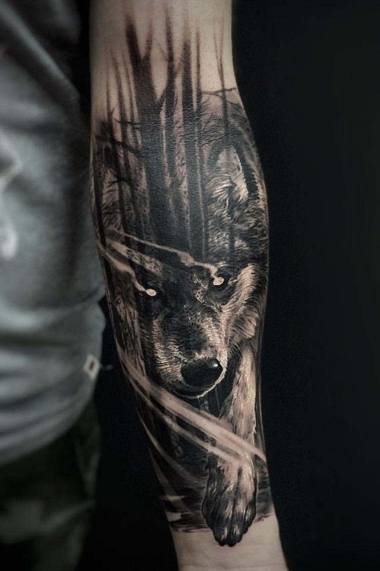 Wolf and forest tattoo  Forest tattoos Forest tattoo sleeve Scenery  tattoo