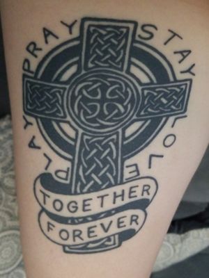 Custom thigh piece. Celtic cross with a poem by my grandmother around it