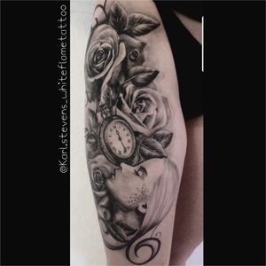 Thigh piece #whiteflame #karlstevens #tattoo #skin #art #ink #blackandgreyshade #portrait #timepiece #rosestattoo #thightattoo #tattooed #tattoooftheday 