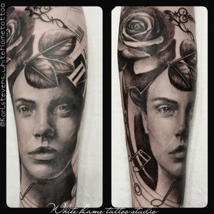 In progress piece#whiteflame #karlstevens #tattoo #skin #art #ink #blackandgreyshade #portrait #roses #tattooartist #realism 