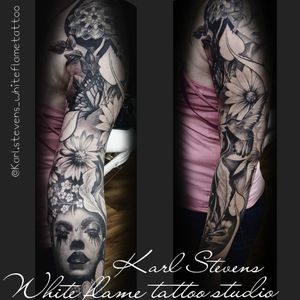 Full sleeve on this lady ... #karlstevens #whiteflame #ink #art #blackandgreytattoo #floral #sleeve #mandalatattoo #portraittattoo #tattooed #tattooartist #hummingbird 