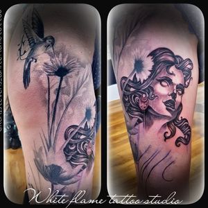 In progress shot of full leg piece #whiteflame #karlstevens #tattoo #skin #art #blackandgreyshade #hummingbird #floral #legtattoo 