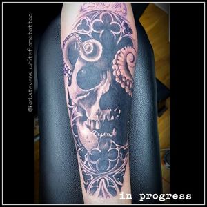 In progress shot of full sleeve #whiteflame #karlstevens #tattoo #skin #art #ink #skulltattoo #octopustattoo #blackandgreytattoo 