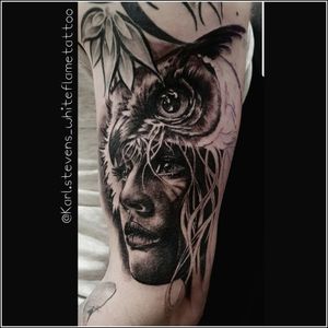 In progress shot of full sleeve #whiteflame #karlstevens #tattoo #skin #art #ink #blackandgreyshade #portrait #owl #sleeve #tattoooftheday 