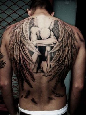 Artist unknown #angel #fallenangel #angeltattoo #backtattoo #backpiece 