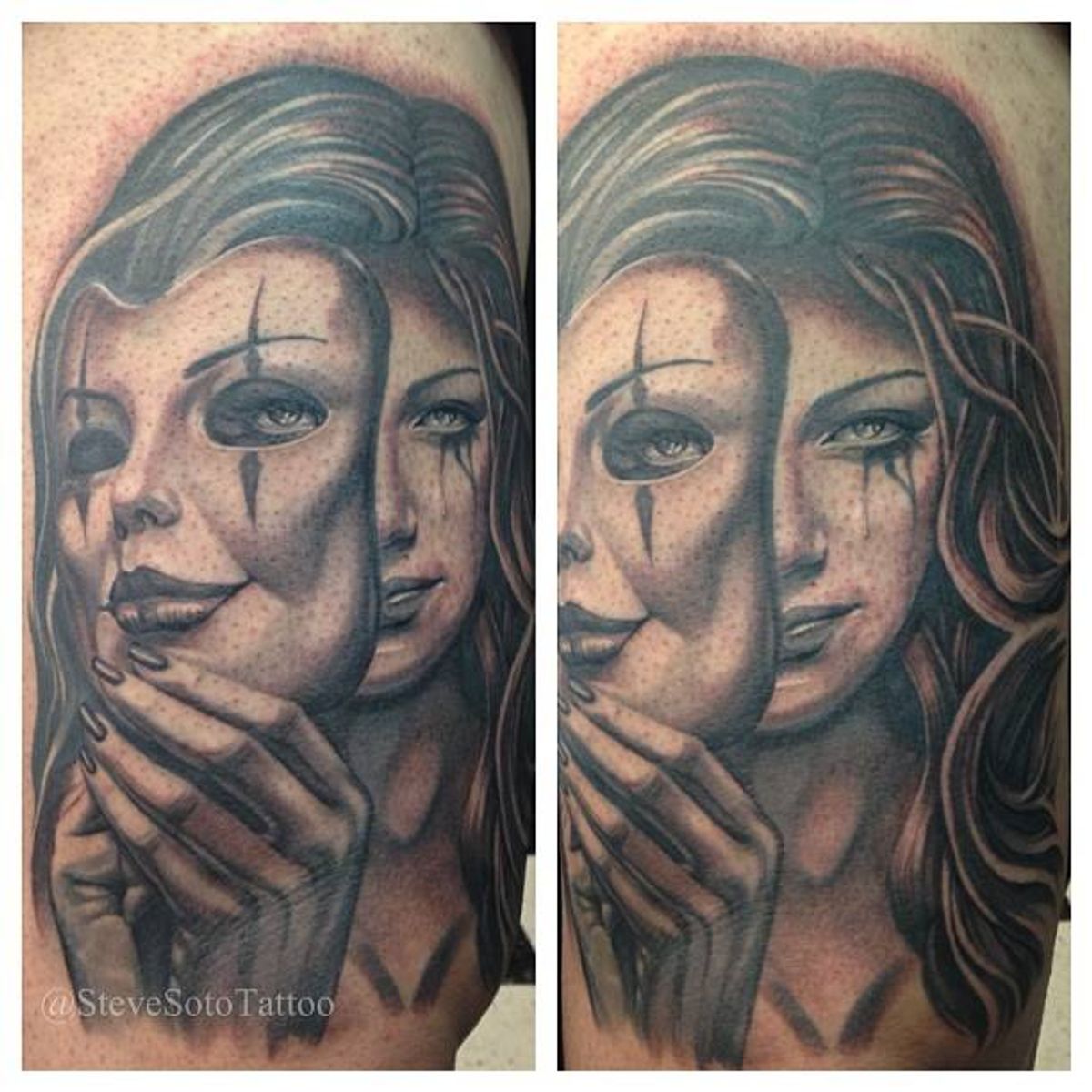 Tattoo uploaded by Tattoodo • Under the mask : tattoo by Steve Soto. #mask #blackandgrey #woman #portrait • Tattoodo Tattoo uploaded by Tattoodo • Under the mask : tattoo by Steve Soto. #mask #blackandgrey #woman #portrait • Tattoodo