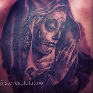 #religioustattoo #religion #blackandgrey #sugarskull #nun  #pray Praying Virgin Mary with Day of the Dead make-up by Steve Soto.