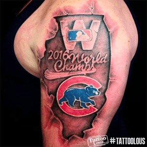 Awesome world series tattoo done by tattoos_by_ghost, West Babylon #worldseriestattoo #cubstattoo #baseballtattoo