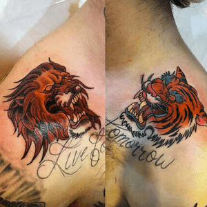 Live for tomorrow; Art done by tooth_n_nails, words done by another shop. #tiger #lion #tradionaltattoos #colortattoos #bklynlifestyle #bklyninkworks #bklynink #guyswithtattoos #newschool #newschoolnation 